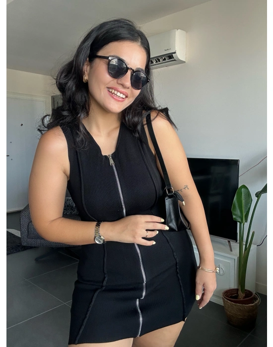 Fermuarlı Siyah Mini Elbise