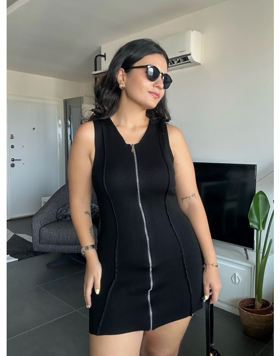 Fermuarlı Siyah Mini Elbise