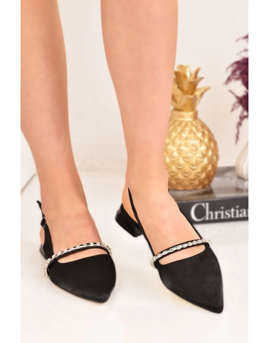 Kadın Taşlı Mat Saten Sivri Burun Kısa Topuklu Kadın Babet