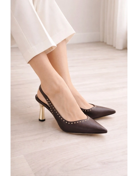 Kadın Sivri Burun Zımbalı Slingback İnce Topuk Ayakkabı