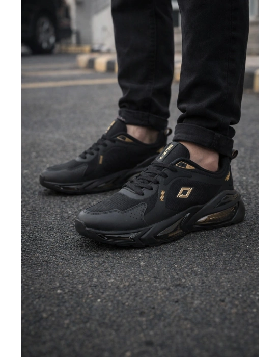Erkek Siyah Air Taban Spor Ayakkabı Gold-Gümüş Detaylı Sneaker