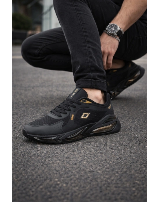 Erkek Siyah Air Taban Spor Ayakkabı Gold-Gümüş Detaylı Sneaker