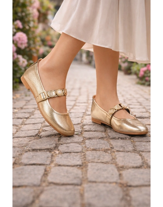 Kadın Kroko Desen Altın Günlük Babet