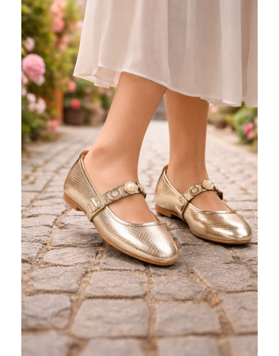 Kadın Kroko Desen Altın Günlük Babet