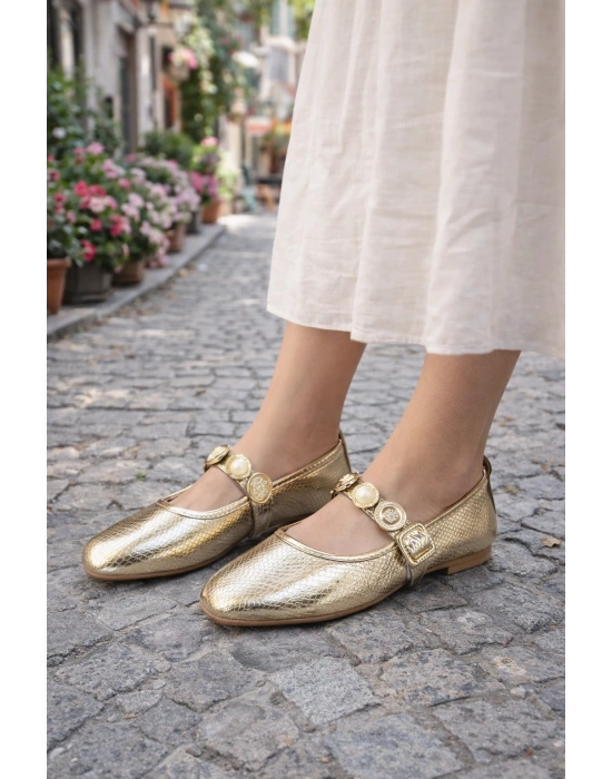 Kadın Kroko Desen Altın Günlük Babet