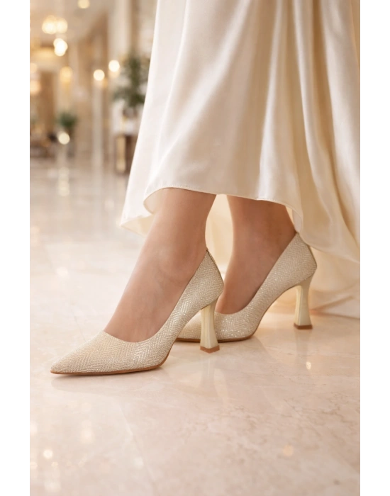 Kadın Abiye Simli Sivri Burun Blok Topuklu Ayakkabı