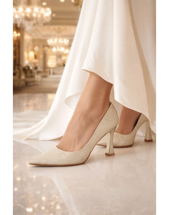 Kadın Abiye Simli Sivri Burun Blok Topuklu Ayakkabı