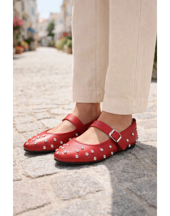 Kadın Taşlı Tokalı Bantlı Babet Ayakkabı