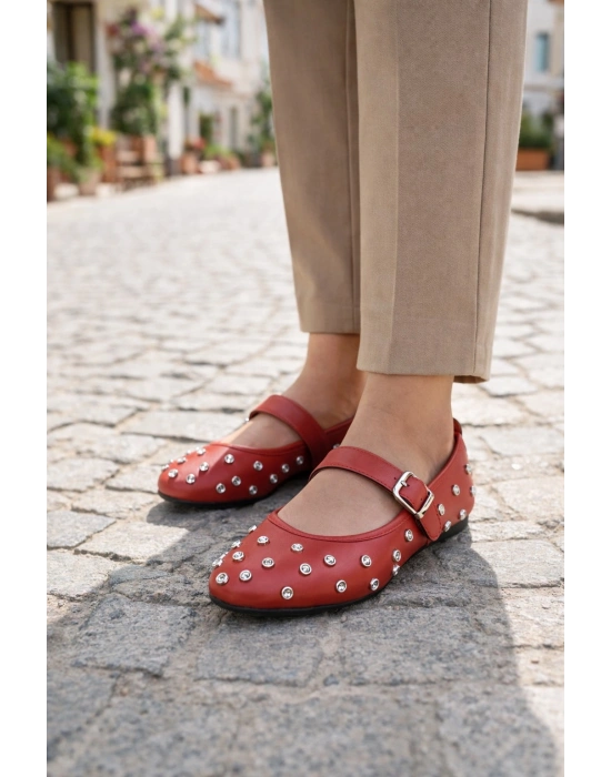 Kadın Taşlı Tokalı Bantlı Babet Ayakkabı