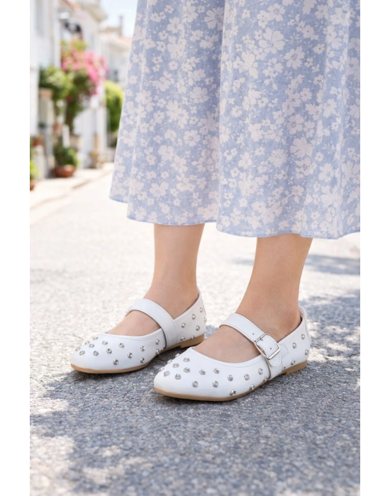 Kadın Taşlı Tokalı Bantlı Babet Ayakkabı