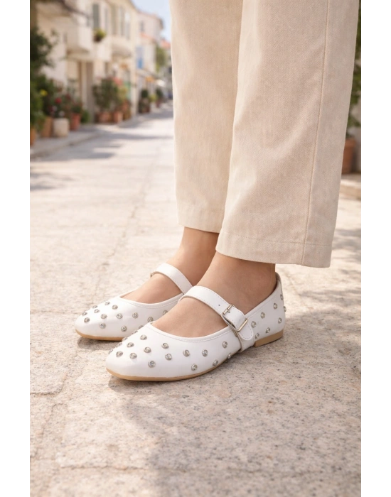 Kadın Taşlı Tokalı Bantlı Babet Ayakkabı