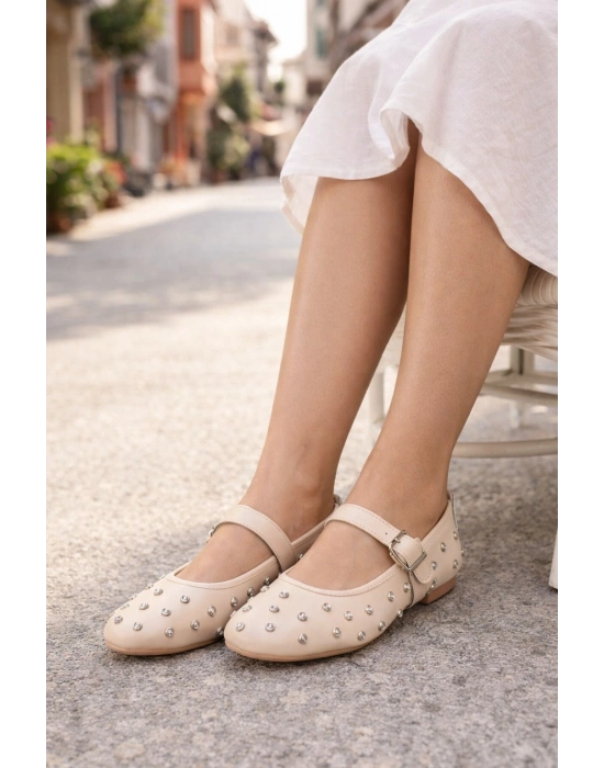 Kadın Taşlı Tokalı Bantlı Babet Ayakkabı