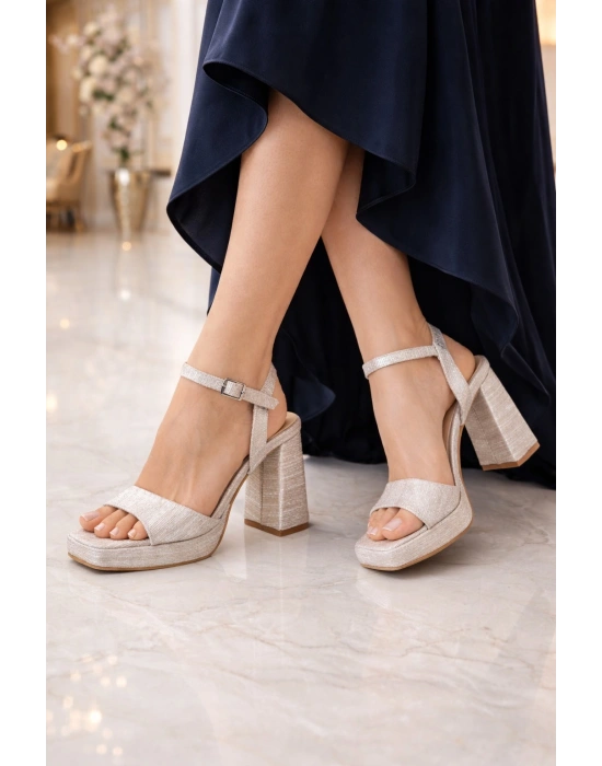 Kadın Simli Bilekten Bantlı Platform Kalın Topuklu Sandalet