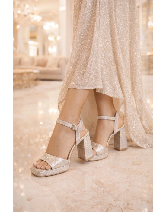 Kadın Simli Bilekten Bantlı Platform Kalın Topuklu Sandalet