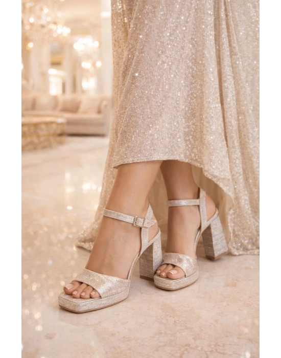 Kadın Simli Bilekten Bantlı Platform Kalın Topuklu Sandalet
