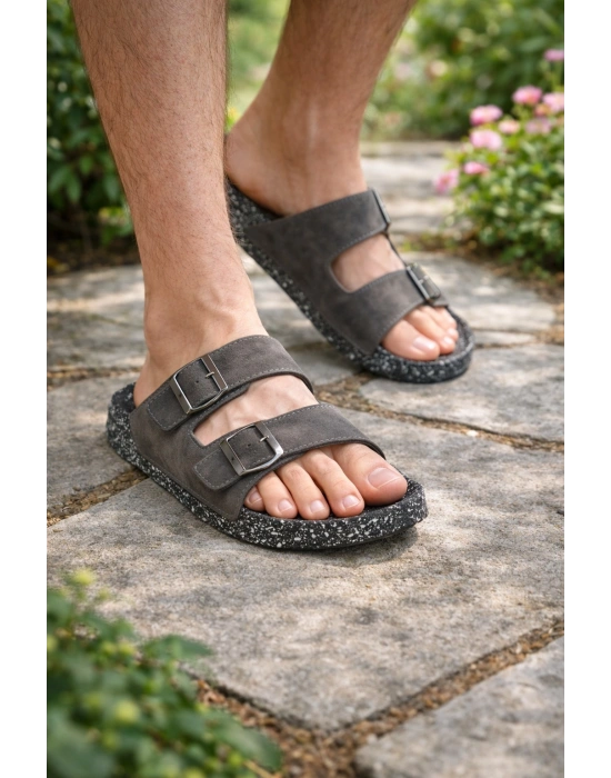 Erkek Süet Görünümlü Tokalı Terlik – Yazlık Rahat Terlik