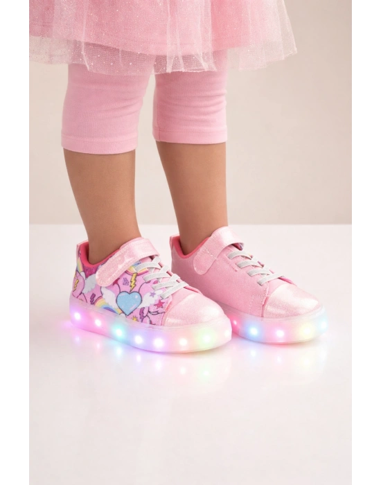 Kız Çocuk Desenli Işıklı LED Tabanlı Simli Cırt Cırtlı Sneaker