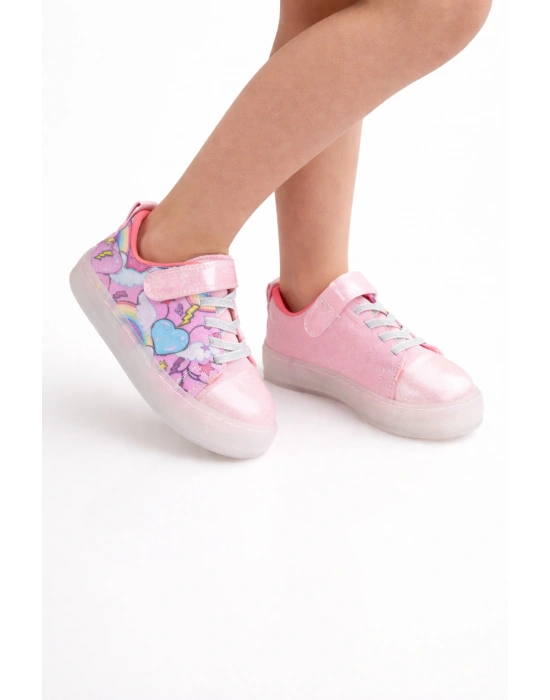 Kız Çocuk Desenli Işıklı LED Tabanlı Simli Cırt Cırtlı Sneaker