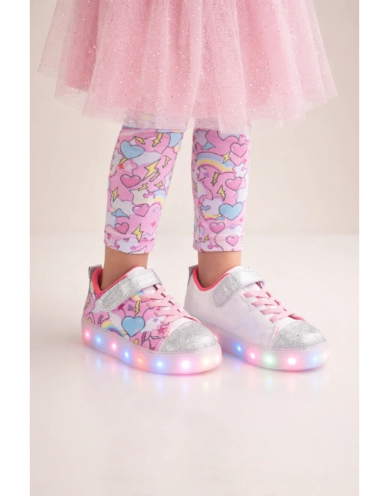 Kız Çocuk Desenli Işıklı LED Tabanlı Simli Cırt Cırtlı Sneaker