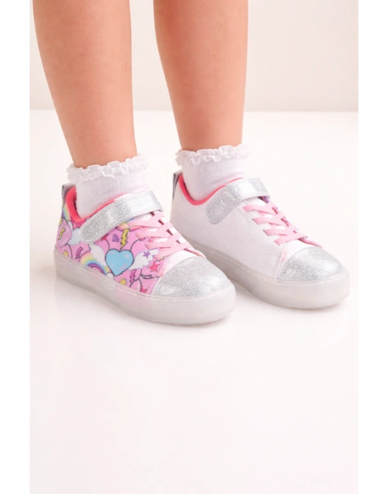 Kız Çocuk Desenli Işıklı LED Tabanlı Simli Cırt Cırtlı Sneaker