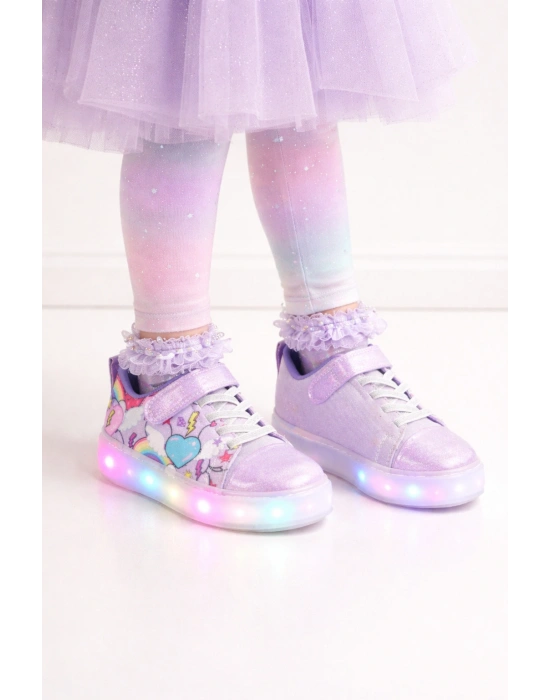 Kız Çocuk Desenli Işıklı LED Tabanlı Simli Cırt Cırtlı Sneaker