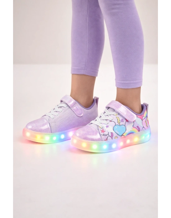 Kız Çocuk Desenli Işıklı LED Tabanlı Simli Cırt Cırtlı Sneaker