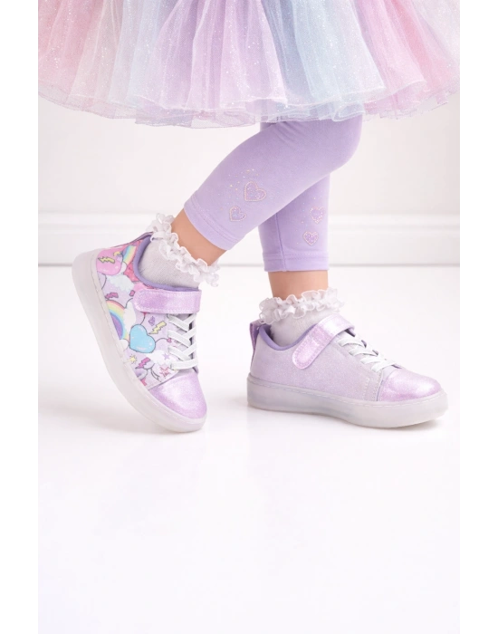 Kız Çocuk Desenli Işıklı LED Tabanlı Simli Cırt Cırtlı Sneaker