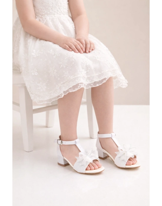 Kız Çocuk Özel Gün Ayakkabısı/Simli Fiyonk Detaylı Sandalet