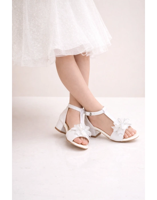 Kız Çocuk Özel Gün Ayakkabısı/Simli Fiyonk Detaylı Sandalet