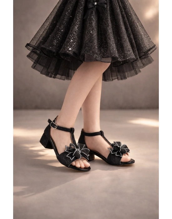 Kız Çocuk Özel Gün Ayakkabısı/Simli Fiyonk Detaylı Sandalet