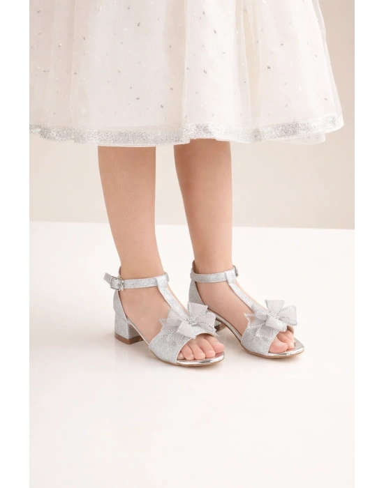 Kız Çocuk Özel Gün Ayakkabısı/Simli Fiyonk Detaylı Sandalet