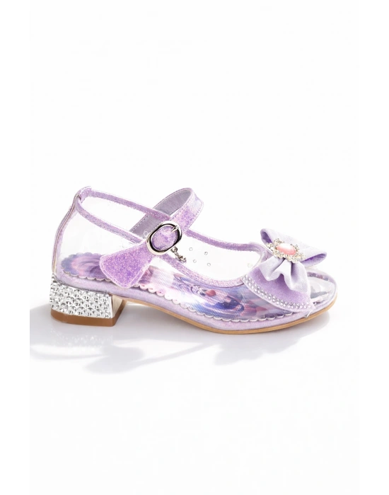 Kız Çocuk Simli Fiyonklu Topuklu Prenses Ayakkabı