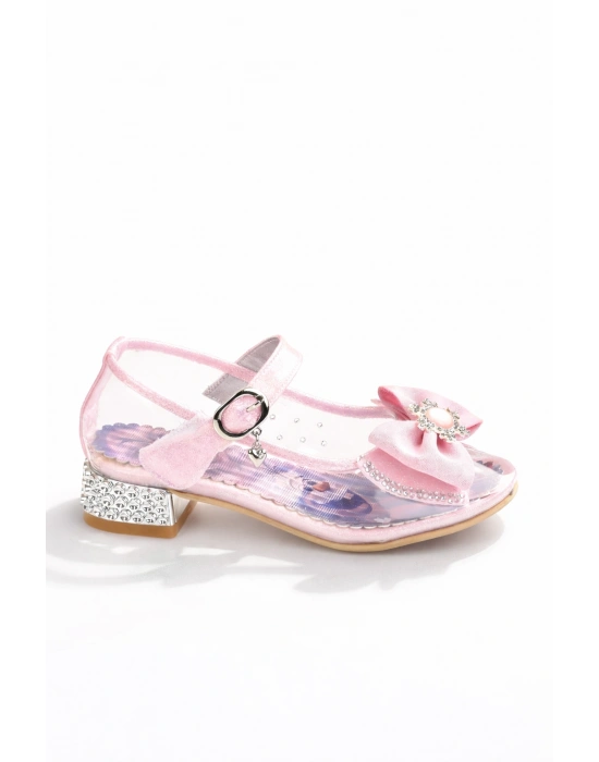 Kız Çocuk Simli Fiyonklu Topuklu Prenses Ayakkabı
