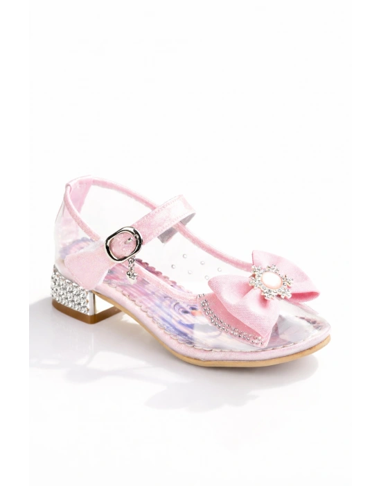 Kız Çocuk Simli Fiyonklu Topuklu Prenses Ayakkabı