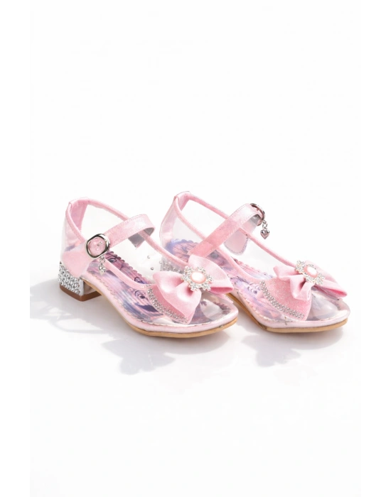 Kız Çocuk Simli Fiyonklu Topuklu Prenses Ayakkabı
