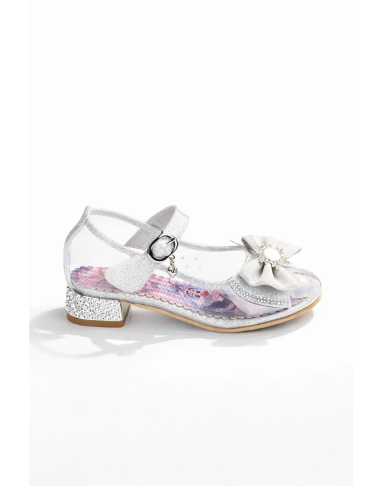 Kız Çocuk Simli Fiyonklu Topuklu Prenses Ayakkabı