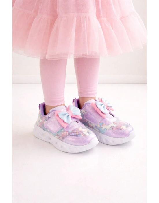 Kız Çocuk Kurdele Detay Simli LED Taban Spor Ayakkabı