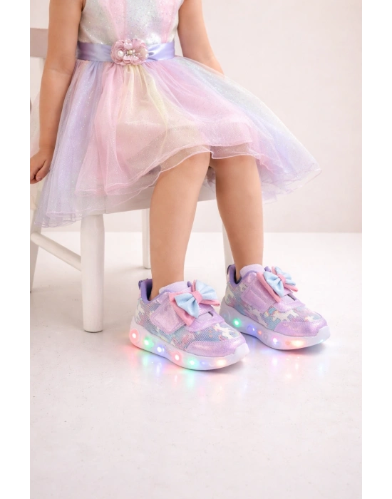 Kız Çocuk Kurdele Detay Simli LED Taban Spor Ayakkabı