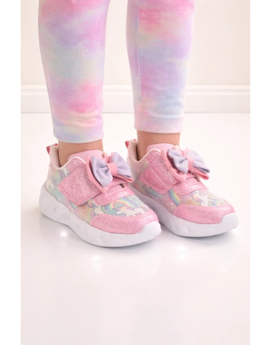 Kız Çocuk Kurdele Detay Simli LED Taban Spor Ayakkabı