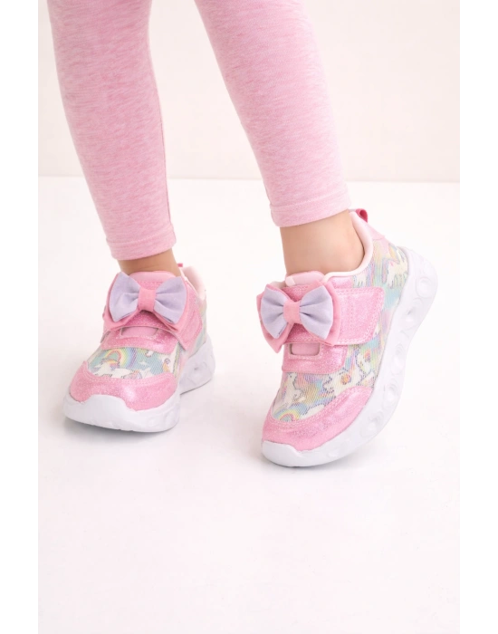 Kız Çocuk Kurdele Detay Simli LED Taban Spor Ayakkabı