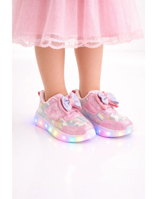 Kız Çocuk Kurdele Detay Simli LED Taban Spor Ayakkabı