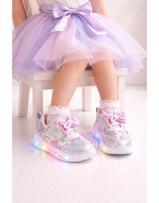 Kız Çocuk Kurdele Detay Simli LED Taban Spor Ayakkabı
