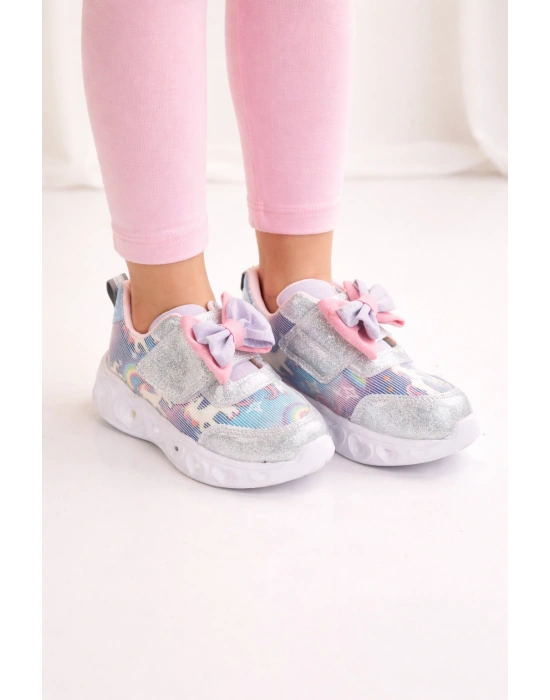 Kız Çocuk Kurdele Detay Simli LED Taban Spor Ayakkabı