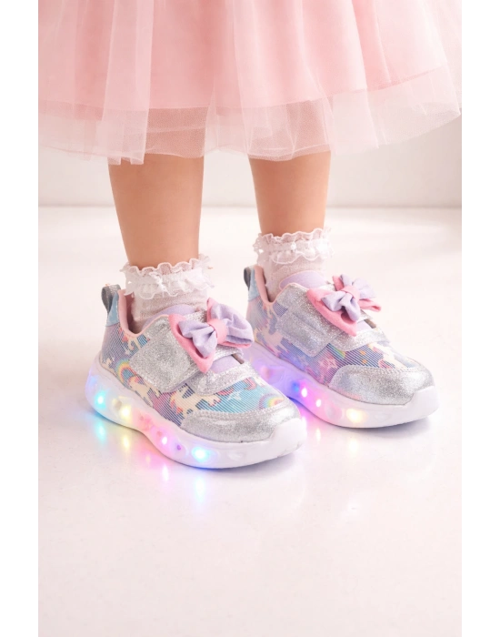 Kız Çocuk Kurdele Detay Simli LED Taban Spor Ayakkabı