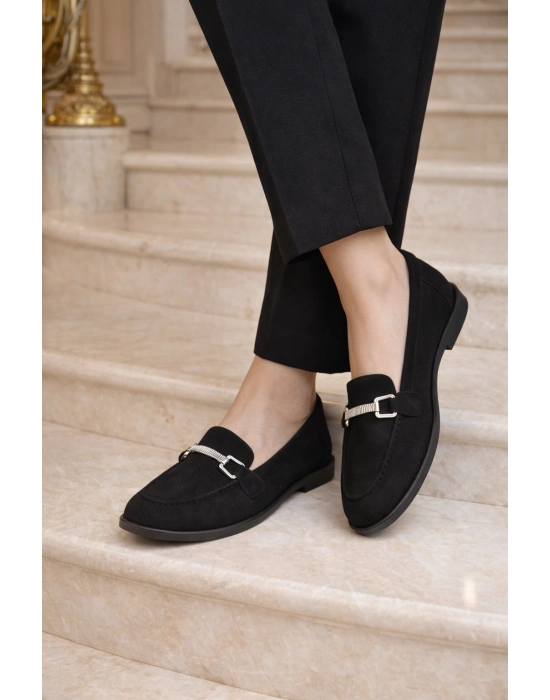 Kadın Siyah Klasik Metal Aksesuarlı Günlük Loafer Ayakkabı