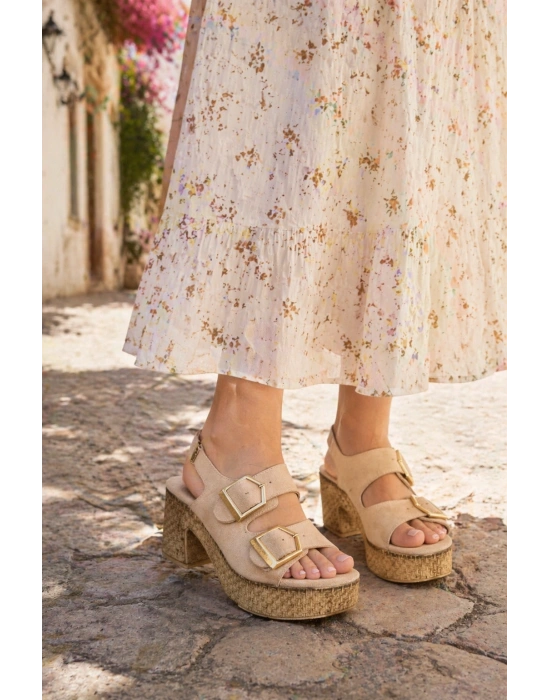 Kadın Nubuk Çift Tokalı Kalın Topuk Sandalet