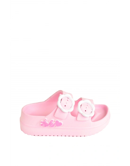 Çift Tokalı Plaj-Havuz-Bahçe-Tatil-Günlük Açık Stickerlı Kız Çocuk Terliği