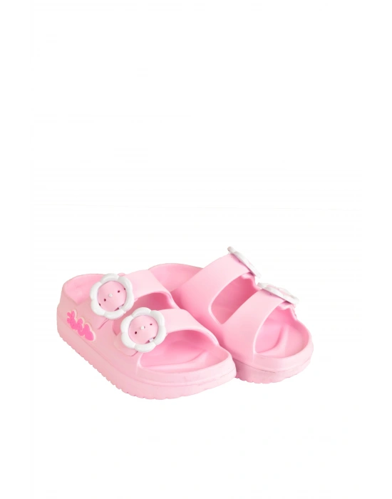 Çift Tokalı Plaj-Havuz-Bahçe-Tatil-Günlük Açık Stickerlı Kız Çocuk Terliği