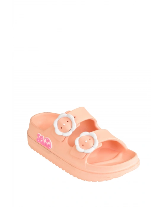 Çift Tokalı Plaj-Havuz-Bahçe-Tatil-Günlük Açık Stickerlı Kız Çocuk Terliği