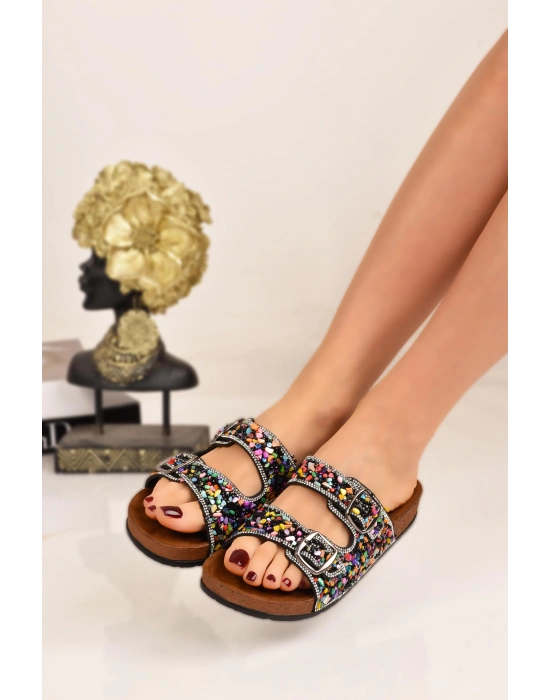 Doğal Taşlı Ortopedik Tabanlı Kadın Terlik Çift Bantlı Tokalı Günlük Rahat Terlik